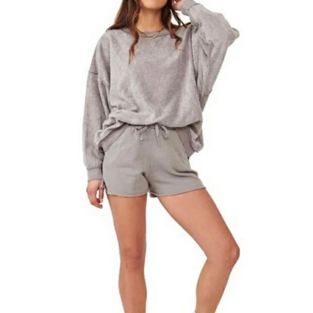 Free People Kelly Set Storm Grey Soft Fleece Sweatshirt & Shorts co-ord set